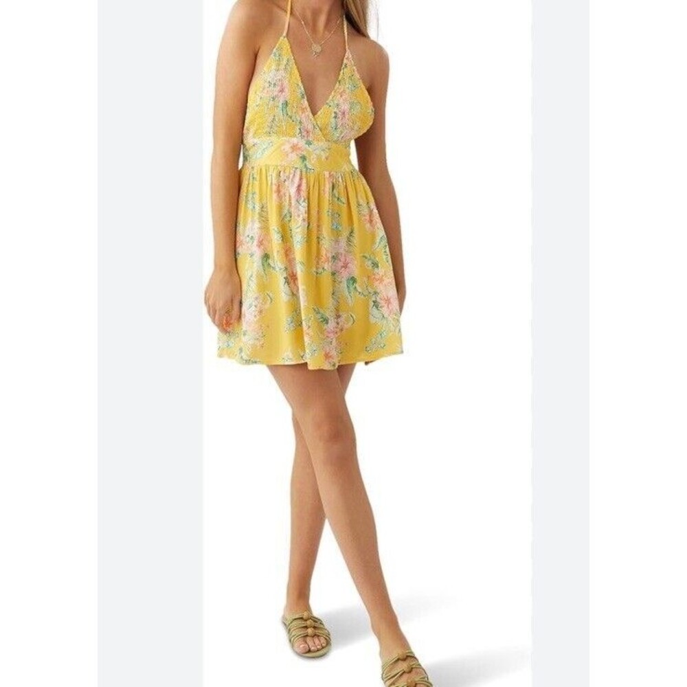 O'Neill Beatrice Short Halter Dress in Sahara Floral Yellow Tropical Sz XS Smock
